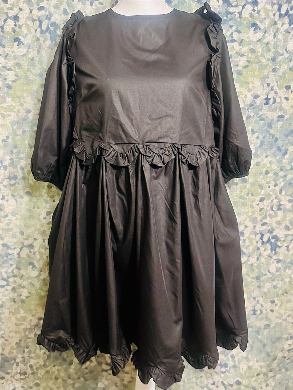 En Saison Black Bow Back Babydoll Mini Dress Puff Sleeve M